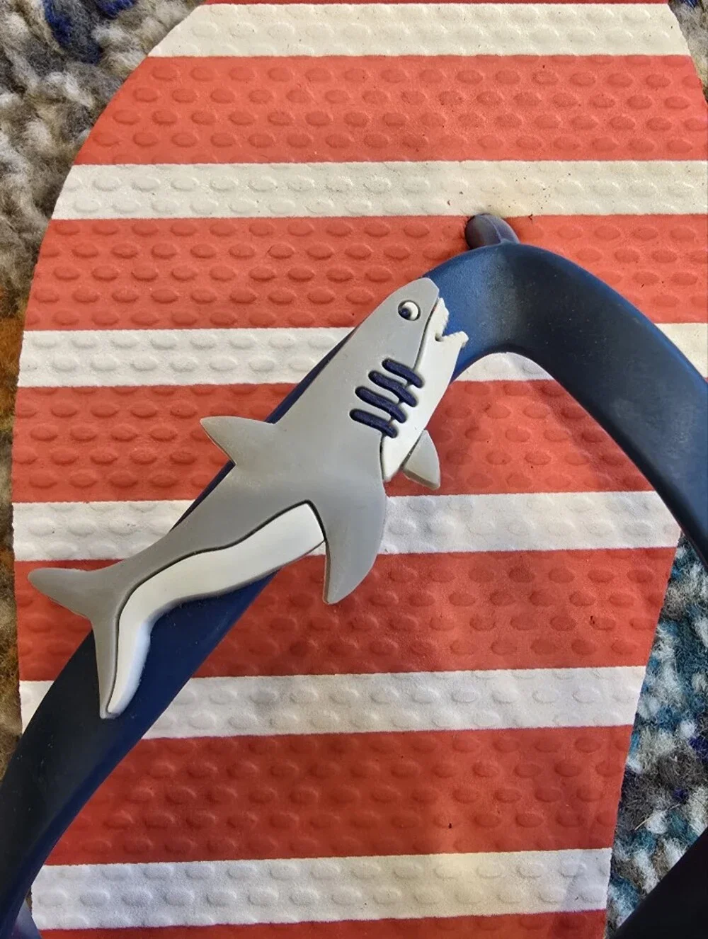 Brand New Mini Boden Striped Coral & White Flip Flops with Shark Accents